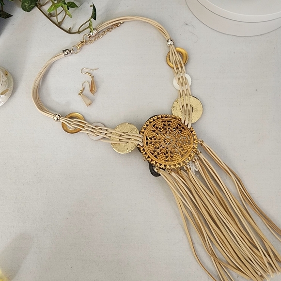 Unique Ivory Cord Multi Media Necklace AB Glass Earrings Set - Picture 12 of 13